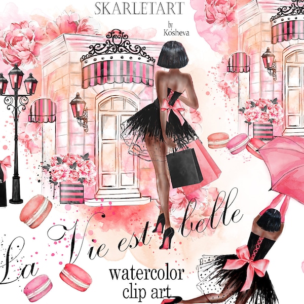 Watercolor Fashion Clipart African-American Girl Clipart Shopping Bag Umbrella  French Macaroons Paris Clipart Planner Supplies