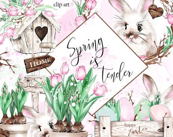 Easter clipart Spring clipart easter bunny, Happy Easter Invitation,Cute easter Bunny, Pastel Pink Green  Easter Planner Stickers