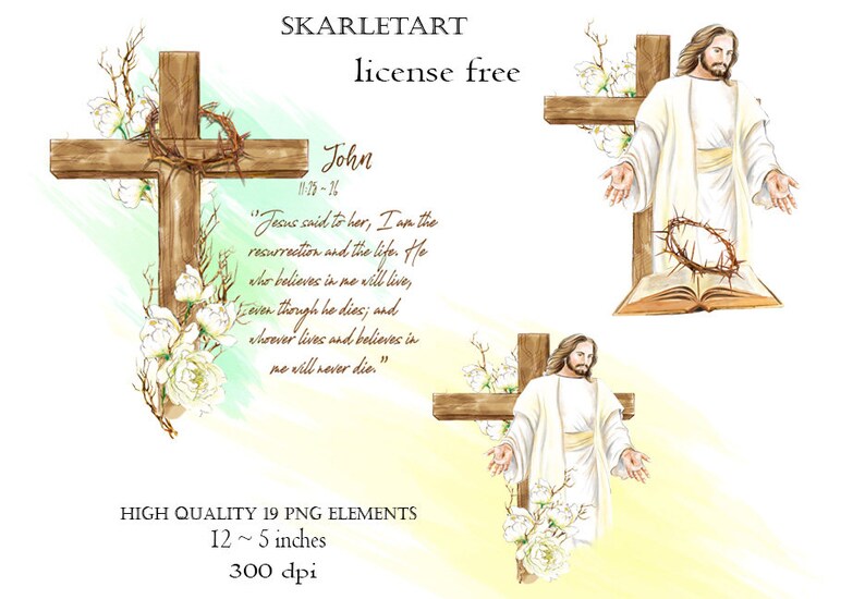 Op de afbeelding: Waterverfillustraties met religieuze thema's. De afbeelding toont een houten kruis, een doornenkroon en een afbeelding van Jezus. De tekst bevat een bijbelvers en de woorden "SKARLETART license free".