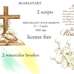 Op de afbeelding: Waterverfillustratie met een houten kruis, een open boek en een doornenkroon, met witte bloemen en de tekst "Hij is verrezen". Bevat tekst uit Johannes 11:25-26. De afbeelding bevat ook aquarelkwasten en PNG-elementen.