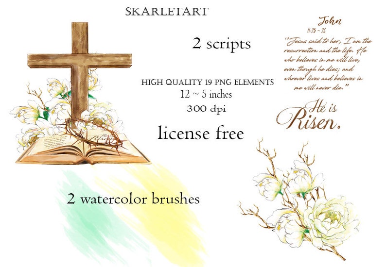 Op de afbeelding: Waterverfillustratie met een houten kruis, een open boek en een doornenkroon, met witte bloemen en de tekst "Hij is verrezen". Bevat tekst uit Johannes 11:25-26. De afbeelding bevat ook aquarelkwasten en PNG-elementen.
