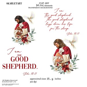 May include: Clip art featuring illustrations of Jesus holding a lamb, surrounded by flowers and a dove. Text includes "I am the good shepherd" and "John 10:11". Approximate sizes are 38 x 23 cm.