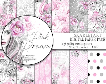 Romantic Paper Pack Tropical Background Floral Glam Digital Paper Pack Background Pink Flamingo Peony Girly Planner Cover DIY Pack