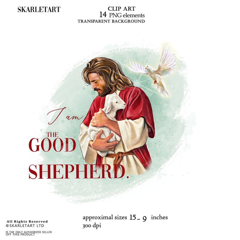 May include: Digital clip art of a man in a red robe cradling a lamb, with a white dove flying nearby. The text reads "I am the Good Shepherd." The image has a transparent background and is approximately 38 x 23 cm.