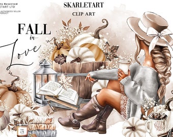 Automn Clipart Farmhouse Clipart Romantic Fall Pumpkin Knitted Coffe Autumn Outfit Leafs Cozy Fall Planner Stickers Girly planner DYI