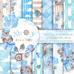 Pacote de papel digital para bebês, chá de bebê, mar, marinho, fundo aquarela, berçário, pastel, azul, brinquedos, anúncio de bebê, ursinho de pelúcia