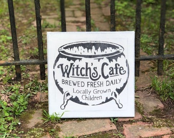 Witch’s Cafe Cauldron Sign / Hand painted Sign 12&quot; x 12&quot; / Annie Sloan Old White Chalk Paint and Black Acrylics
