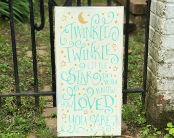 Twinkle Twinkle Little Star / Handpainted Canvas Sign 12" x 24" / Annie Sloan Old White Chalk Paint and Turquiose/Gold Acrylics