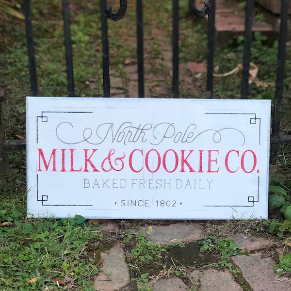 North Pole Milk and Cookie Co/ Hand Painted Christmas Bakery Sign/ 12" x 24" / Annie Sloan Old White Chalk Paint and various Acrylics