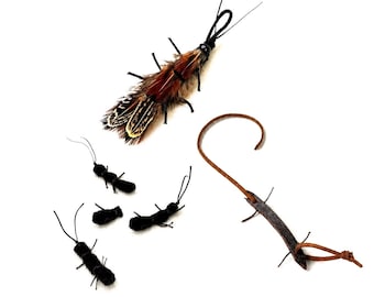 Backyard Ground Patrol Collection – Natural Cat Toys, Leather Lizard, Leather Cockroach & Felt Ants, Handmade Cat Enrichment Set