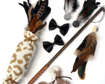Complete Cat Enrichment Kit | Hardwood Wand, Leader Line & Feather Attachment | Wildcat Kicker, and Handmade Solo Play Cat Toys