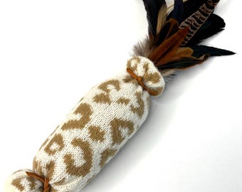 Wildcat Kicker™, Handmade Natural Cat Kicker Toy, Soft Knit Bunny Kick Toy with Feathers, Cat Enrichment Toy, Interactive Cat Toy Bunny