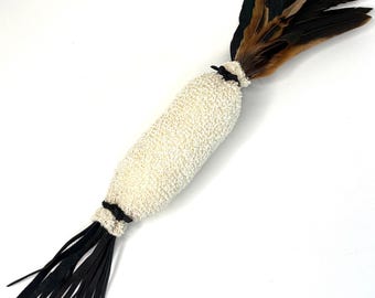 Handmade Cat Kicker Toy, Natural Feathers, Leather Fringe, Textured Body Cat Enrichment