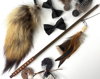 Complete Cat Enrichment Kit, Coyote Tail, Original Chappell Wand™, Leader Line and Feather Attachment,  and Handmade Solo Play Cat Toys