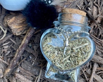 Kitty’s Silvervine Feather and Fur “Smudge Stick” with Cat Nip Filled Heart Shaped Glass Jar