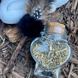 Kitty’s Silvervine Feather and Fur “Smudge Stick” with Cat Nip Filled Heart Shaped Glass Jar