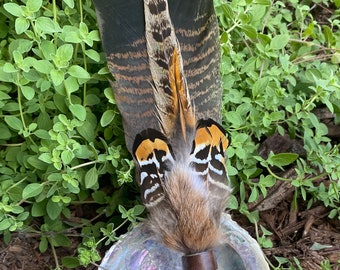 Prayer Fan & Quartz Crystal Wand Set: Bone Handle, Turkey Tail Feathers