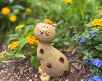 Whimsical Ceramic Cat Figurine with Spiral Tail – Playful Rustic Garden or Shelf Decor