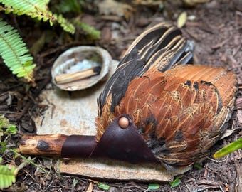 Handcrafted Feather Smudge Fan – Leather Wrapped Elm Wood Handle