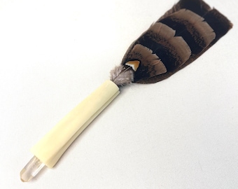 Prayer Fan with Quartz Crystal Point – Turkey Tail Feathers, Deer Bone Handle