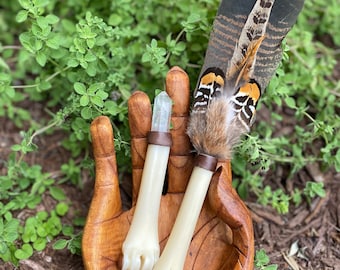 Smudge Fan & Quartz Crystal Wand Set: Bone Handle, Turkey Tail Feathers
