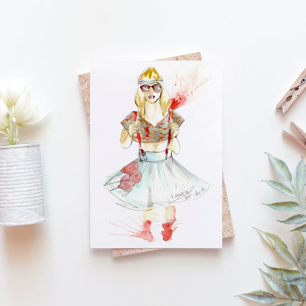 Just Because Greeting Card of Trendy Fashion Illustration Depicting Hipster Girl in Stylish Skirt and Top. Perfect for Teens and Young Adult