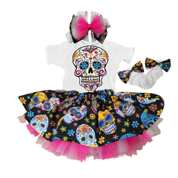 Sugar skull infant outfit, day of the dead outfit, party outfit, toddler girl outfit, sugar skull skirt, sugar skull shirt,