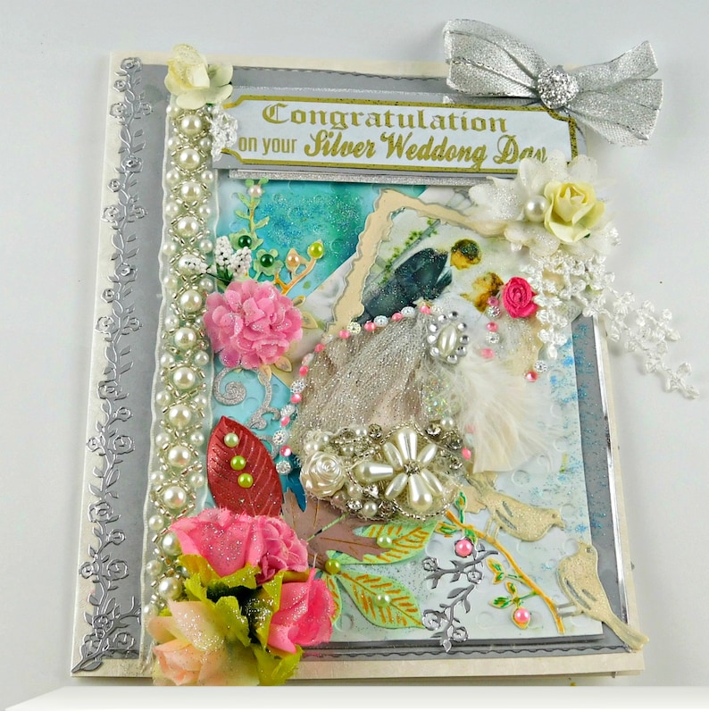 Handmade Silver Anniversary card for parents Texted in German or English. Personalized Congratulation card with pearls Friends Couple