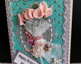Luxury, personalized card for Mum, Mama, Grandma, Nana, Wife, Daughter.  Ellegant Mother's Day card with a bouquet, lace, pearls & brooches.