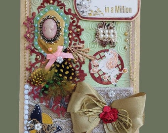 Luxury, personalized Card to a Mom in a Million.  Elegant Birthday card with Cameo brooche, satin ribbons, pearls and lace. Craft Card.