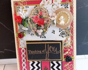 Luxury Thinking of You card with flower bouquet, Rose and an Angel embelishment. Sending Love and Support card. Personalized Mourning card.