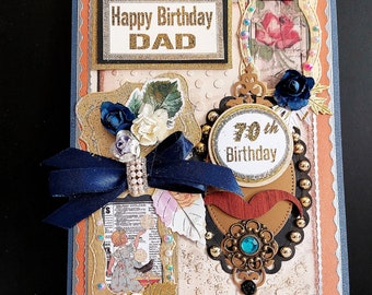 Personalized, Birthday card for Dad, Husband, Brother.  50, 60, 70th Birthday card for men in retro style with 2 brooches, pearls and ribbon