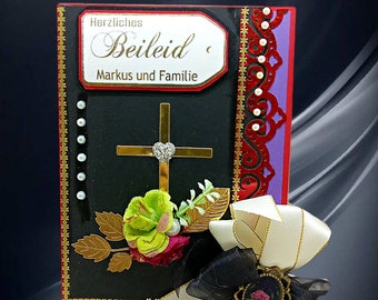 Personalized Sorrow card for loss of Husband, Father, Brother, Friend. Heartfelt 3D Condolence card with golden cross, flowers and ribbons.