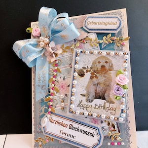 Elegante Geburtstagskarte für Hundebesitzer/Catowner. Luxus 3D für Tierliebhaber. Hunde, Katzen, Perlen und Rosen in einem einzigartigen BodoArt Design.