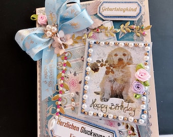 Elegante tarjeta de cumpleaños para dueño de perro/propietario de gato. 3D de lujo para los amantes de los animales. Perros, Gatos, Perlas y Rosas en un diseño único de BodoArt.