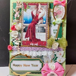 Carte 3D de luxe " et Bonne Année ". Carte de vœux saisonnière personnalisée au design rouge doré. Carte design BodoArt. Carte Art Déco.