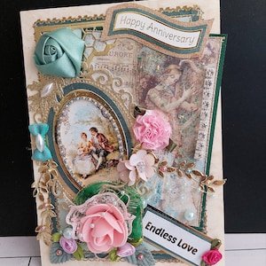 Regalo di anniversario di lusso e personalizzato. Biglietto d'auguri pastorale "Endless Love" per un giorno speciale, in verde sfumato. Biglietto d'auguri unico per una coppia o il partner.