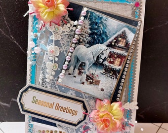 Personalized Seasonal Greetings card. Beautiful, winter fairy tale card with lots of perals,flowers and lace. Happy New Year card.