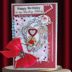Custom, Holland red card of love for women. Personalized, Multilingual card with pressed flowers, elegant retro ribbon and a brooch.