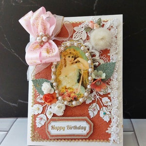 Carte d'anniversaire. Carte de voeux personnalisée pour femme, maman, petite amie romantique. Carte personnalisée au design rétro, assez sertie de dentelle et de perles.