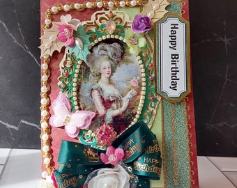 Luxury, &quot;Marie Antoinette&quot; Birthday Card. . Ellegant, Renaissance  design card with beautiful ribbons, brooch, roses and pearls.