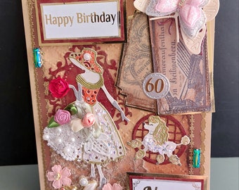 Milestone birthday card. Modern Retro card in fall colors. Personalized card Lady with a dog. Card for Mom, Sister, Woman. Boxed card.