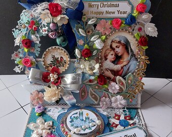 Unique Merry Christmas easel card. Personalized Jingle Bells card with Mother Mary.Hope and Trust, Silent Night luxury card. Happy New Year.