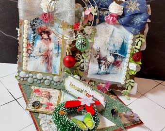 Luxury, personalized Seasonal Greetings card. Unique 3D easel card " Winter Holidays". Lot of pearls, wrath, crystals, ribbons  etc.