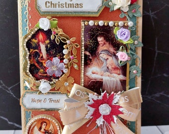 Personalized, The Holy Family card. Luxury card with Merry Christmas ribbon, lots of pearls, flowers, embelishments. Hope andTrust greetings