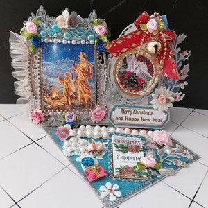 Tarjeta de caballete 3D personalizada "Dios con nosotros". Tarjeta de Año Nuevo de Luz y Amor. The Vitleem Star, regalo de Navidad con un lujoso diseño azul.