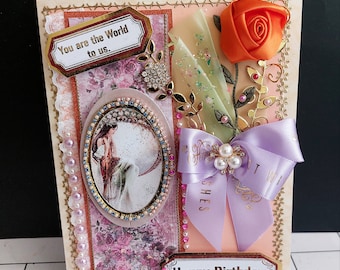 Elegant Birthday card with luxury purple ribbon, brooch and lots of pearls and flowers. Custom, personalized 3D Card. Unique design.