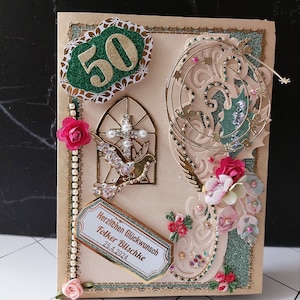 Personalisierte Geburtstagskarte. Individuell angefertigte, goldfolierte, mehrsprachige Karte für treuen Christ. Zum 50 Geburtstag für Pastor, Priester, Kirchengemeinschaft.