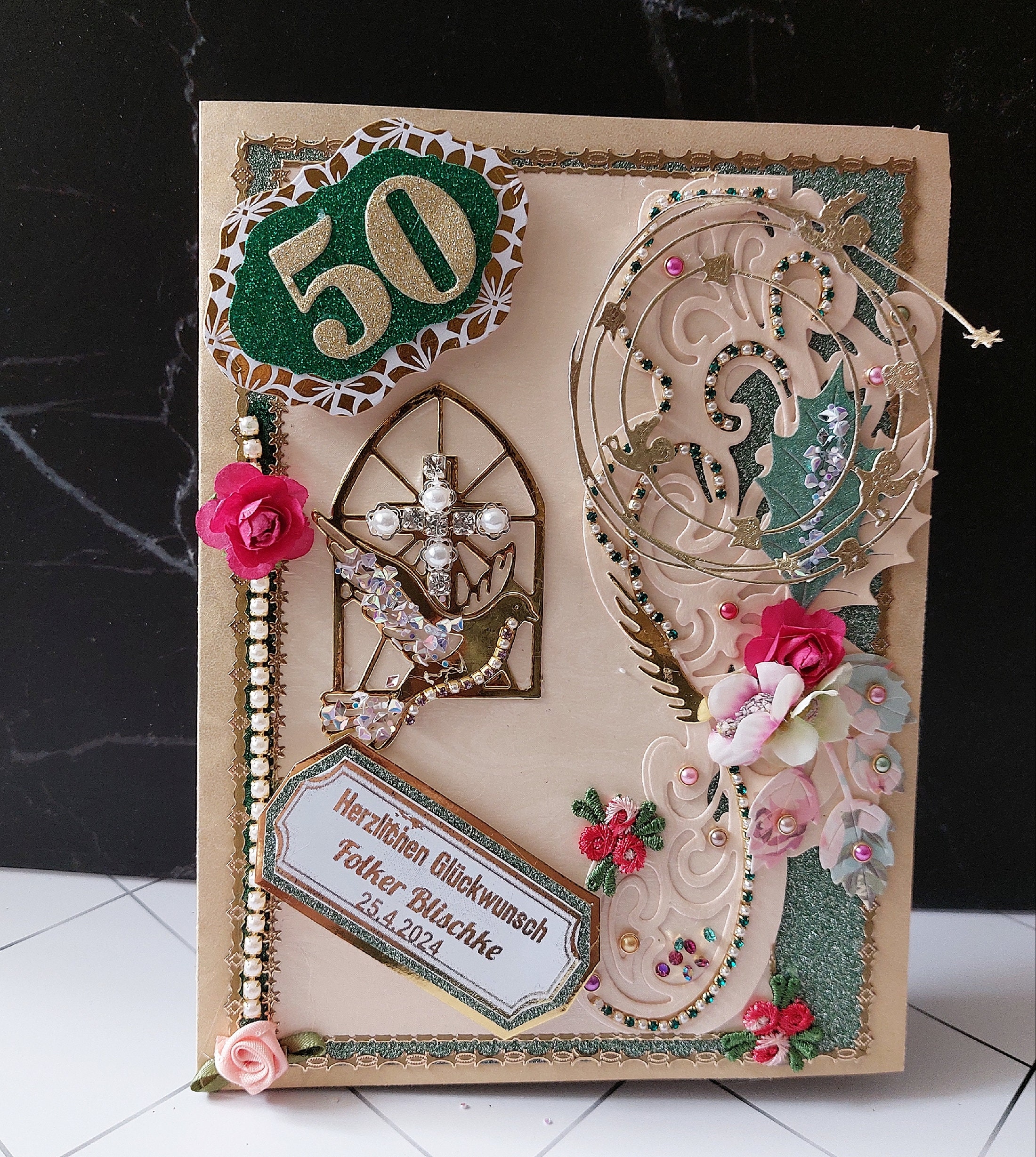 Personalized Birthday card. Custom, gold foiled, multilingual card for faithful Christian. 50 Birthday for Pastor, Priest, Church Community.