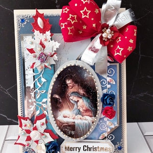 Personalisierte Frohe Weihnachten Karte in edlem Blau. Die Heilige Familie Weihnachtsgrüße. Joy to the World 3D Karte mit Perlen, Kristallen, Blumen